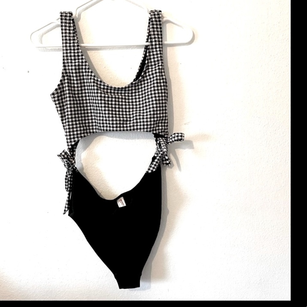 Vintage Arizona jeans cutout bodysuit swimsuit side tie plaid gingham summer